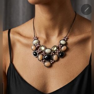 Gunmetal Statement Necklace with Faceted Rhinestones 18" Earth Colors Adjustable